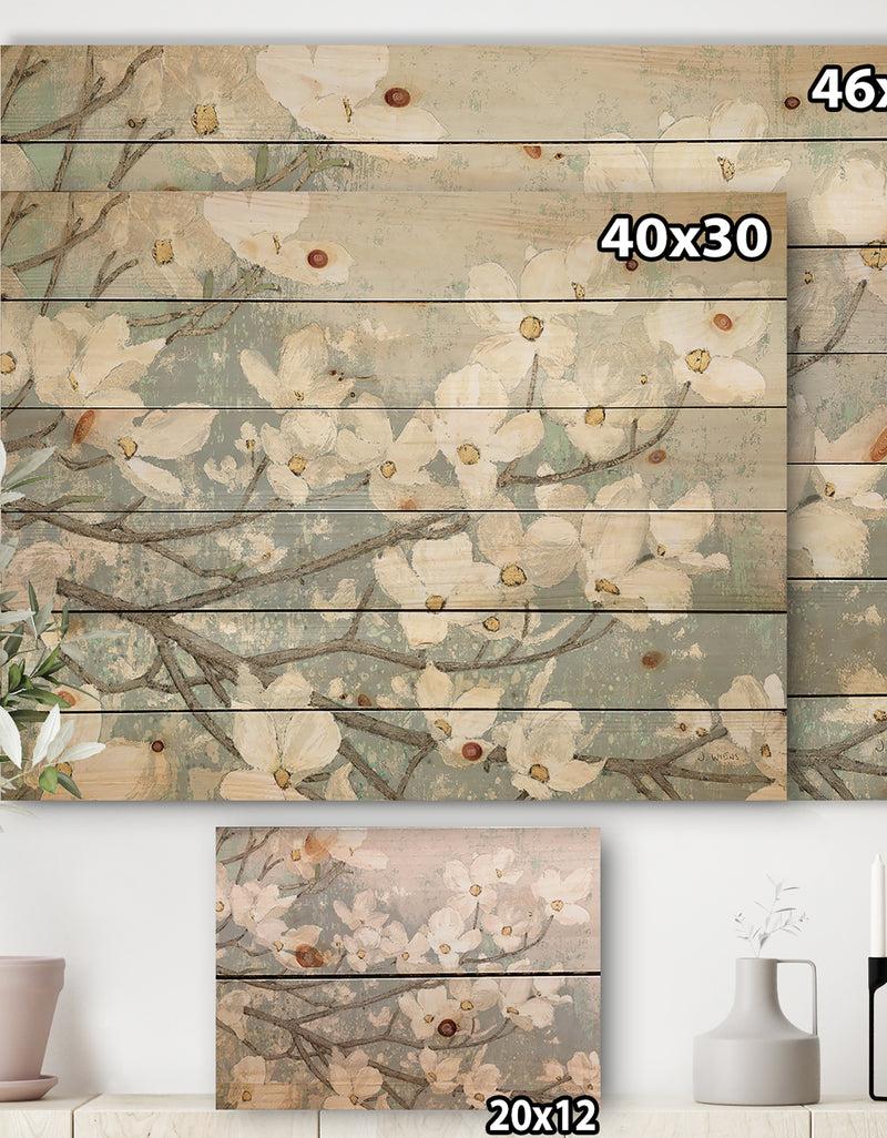 DesignQ Blue On Grey Blossoms - Traditional Print On Natural Pine Wood