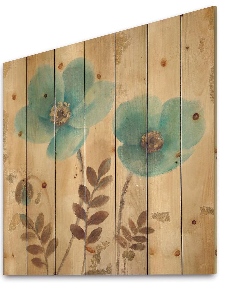 DesignQ Blue Poppies Cottage Flowers I - Farmhouse Print On Natural Pine Wood