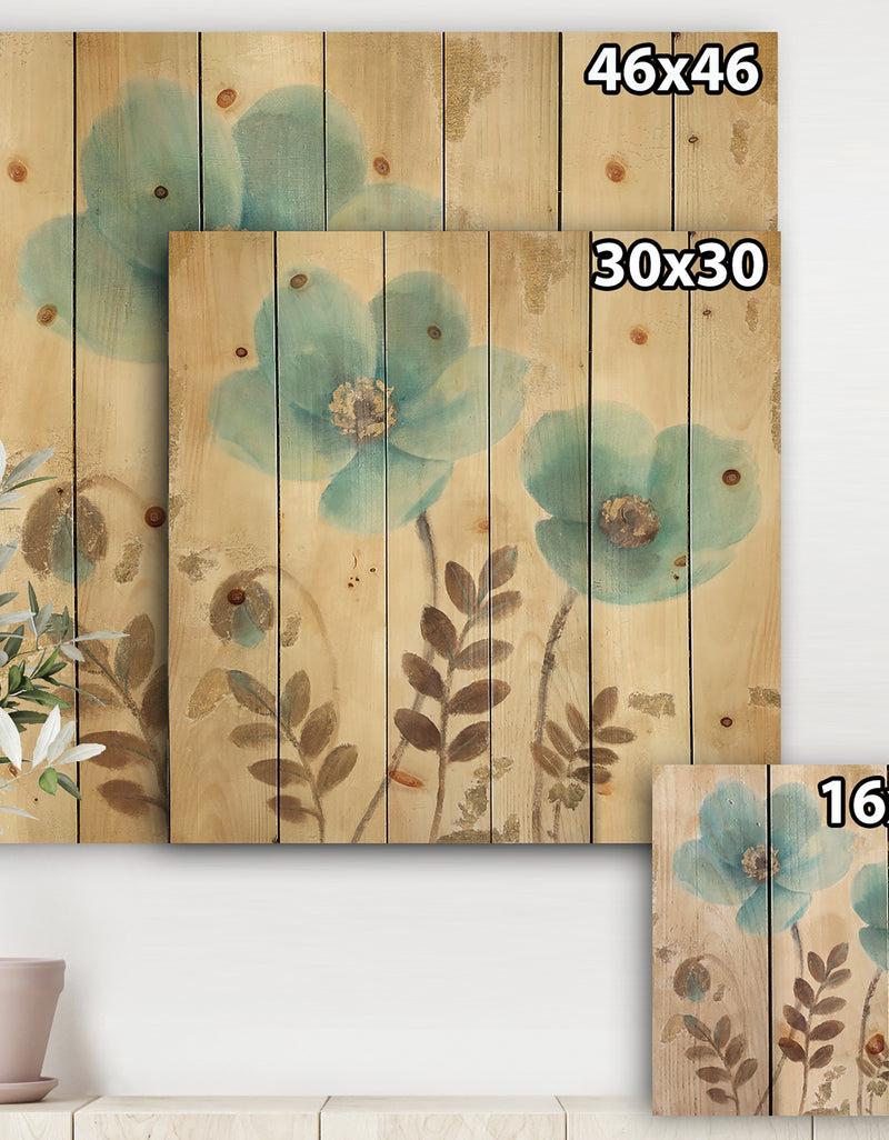 DesignQ Blue Poppies Cottage Flowers I - Farmhouse Print On Natural Pine Wood