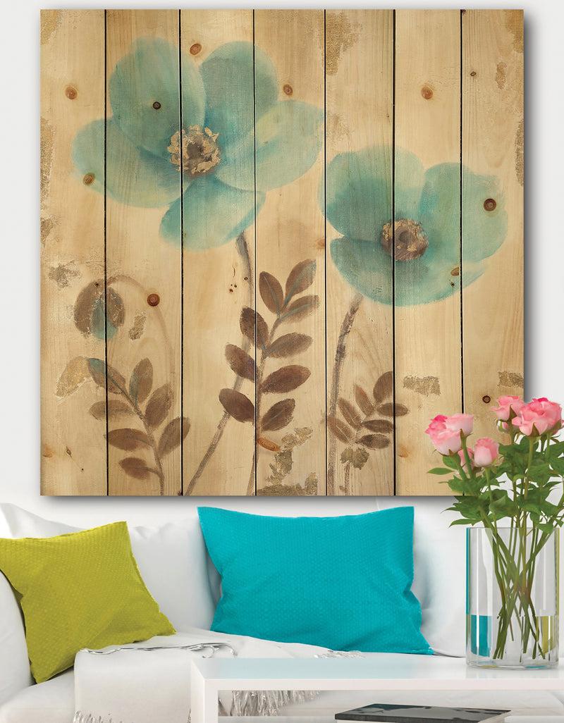 DesignQ Blue Poppies Cottage Flowers I - Farmhouse Print on Natural Pine Wood