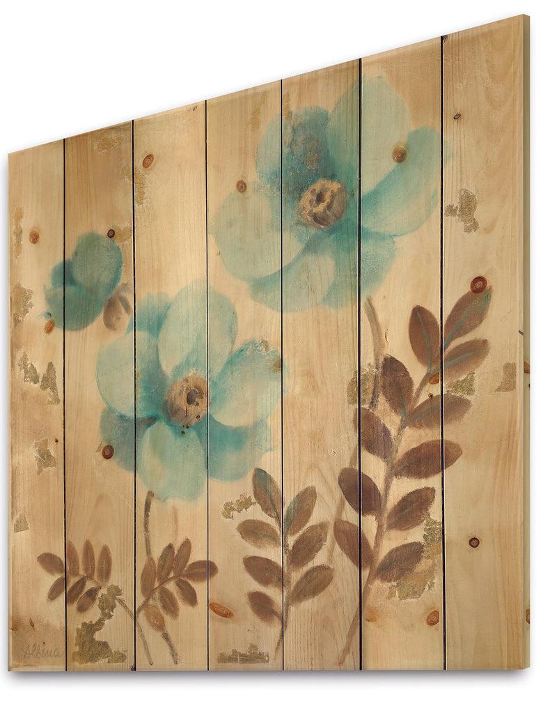 DesignQ Blue Poppies Cottage Flowers II - Farmhouse Print On Natural Pine Wood