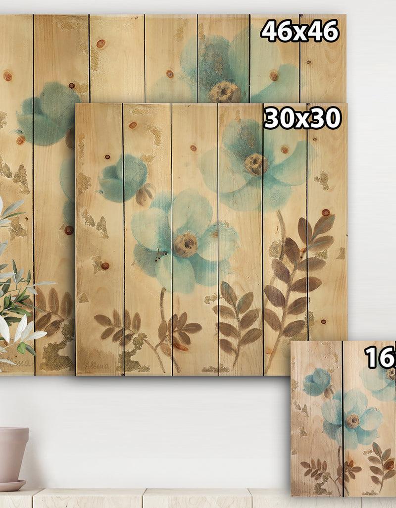 DesignQ Blue Poppies Cottage Flowers II - Farmhouse Print On Natural Pine Wood