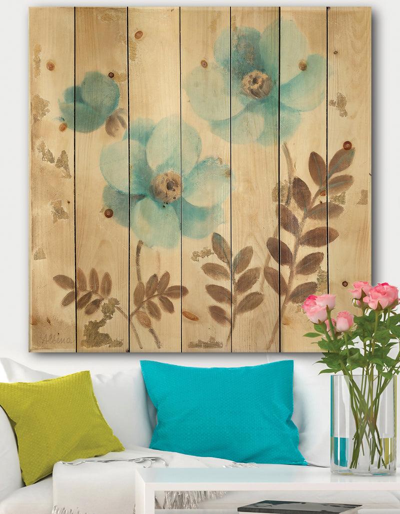 DesignQ Blue Poppies Cottage Flowers II - Farmhouse Print on Natural Pine Wood
