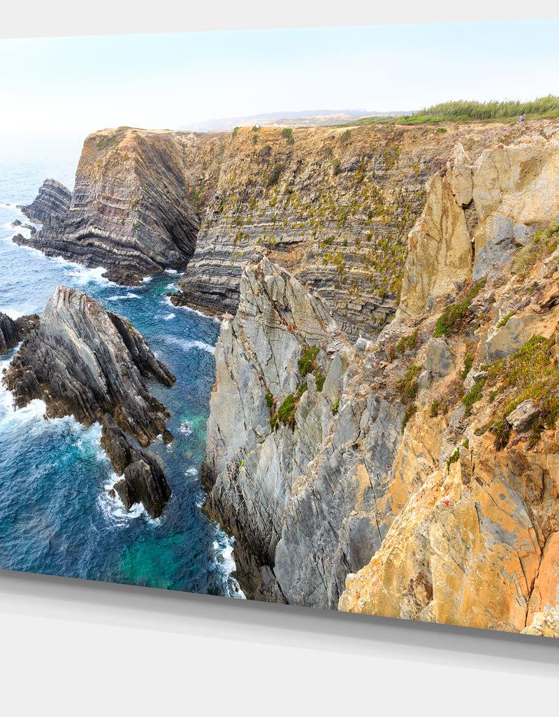 DesignQ Blue Rocky Bay Portugal Panorama - Extra Large Seashore Canvas Art
