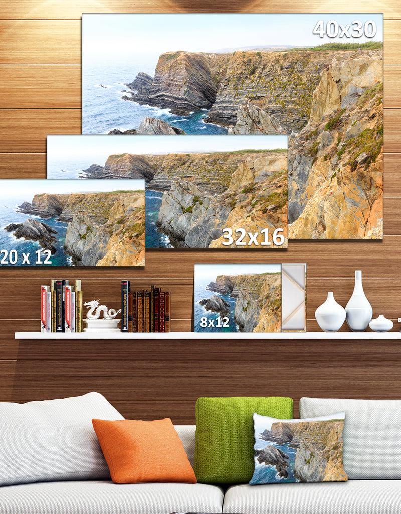 DesignQ Blue Rocky Bay Portugal Panorama - Extra Large Seashore Canvas Art