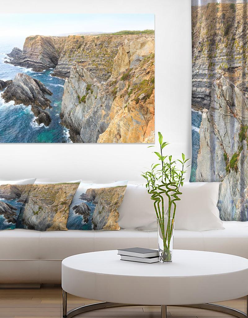 DesignQ Blue Rocky Bay Portugal Panorama - Extra Large Seashore Canvas Art
