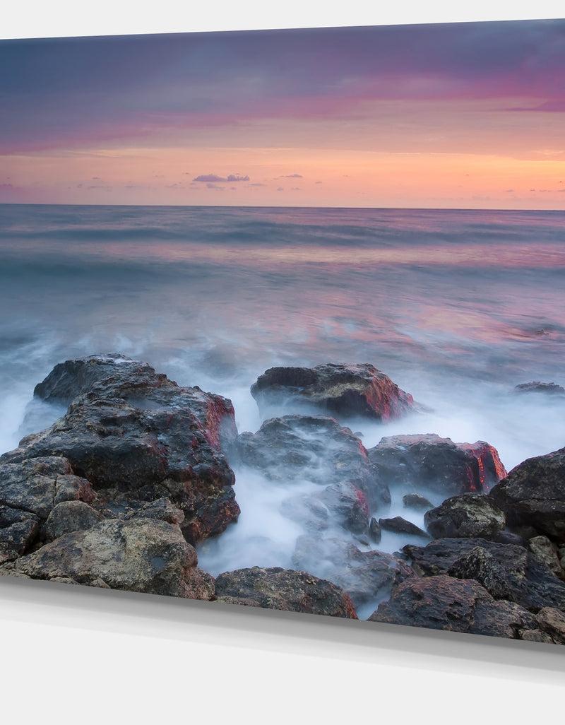 DesignQ Blue Rocky Sea Beach Sunset - Modern Landscape Wall Art Canvas