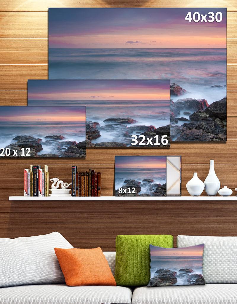 DesignQ Blue Rocky Sea Beach Sunset - Modern Landscape Wall Art Canvas