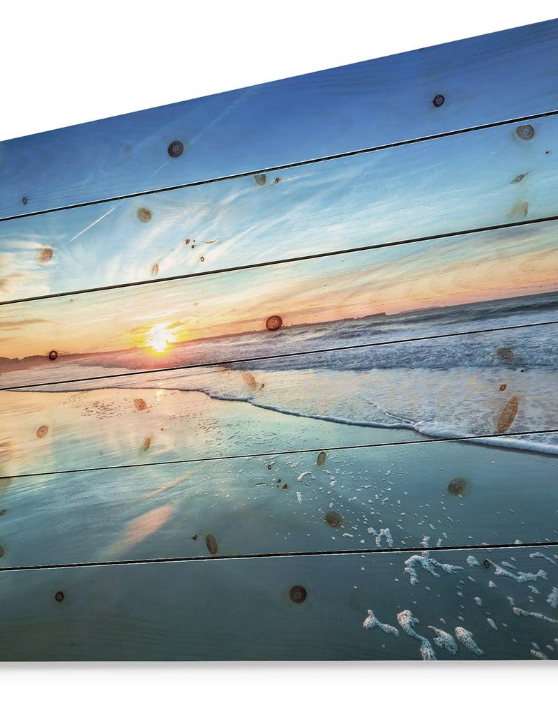 DesignQ Blue Seashore With Distant Sunset - Seascape Print On Natural Pine Wood