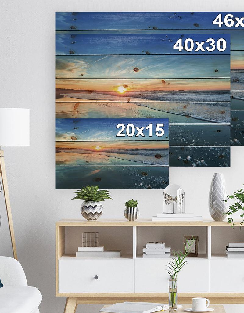 DesignQ Blue Seashore With Distant Sunset - Seascape Print On Natural Pine Wood