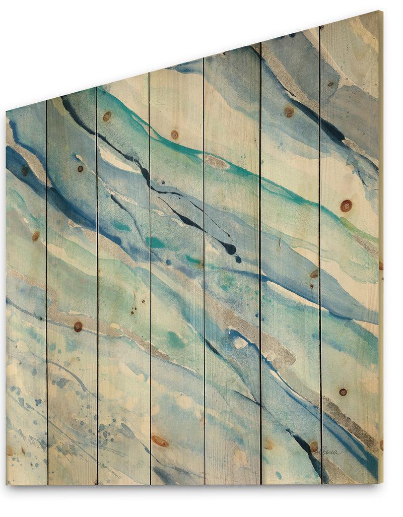 DesignQ Blue Silver Spring I - Modern Lake House Print On Natural Pine Wood