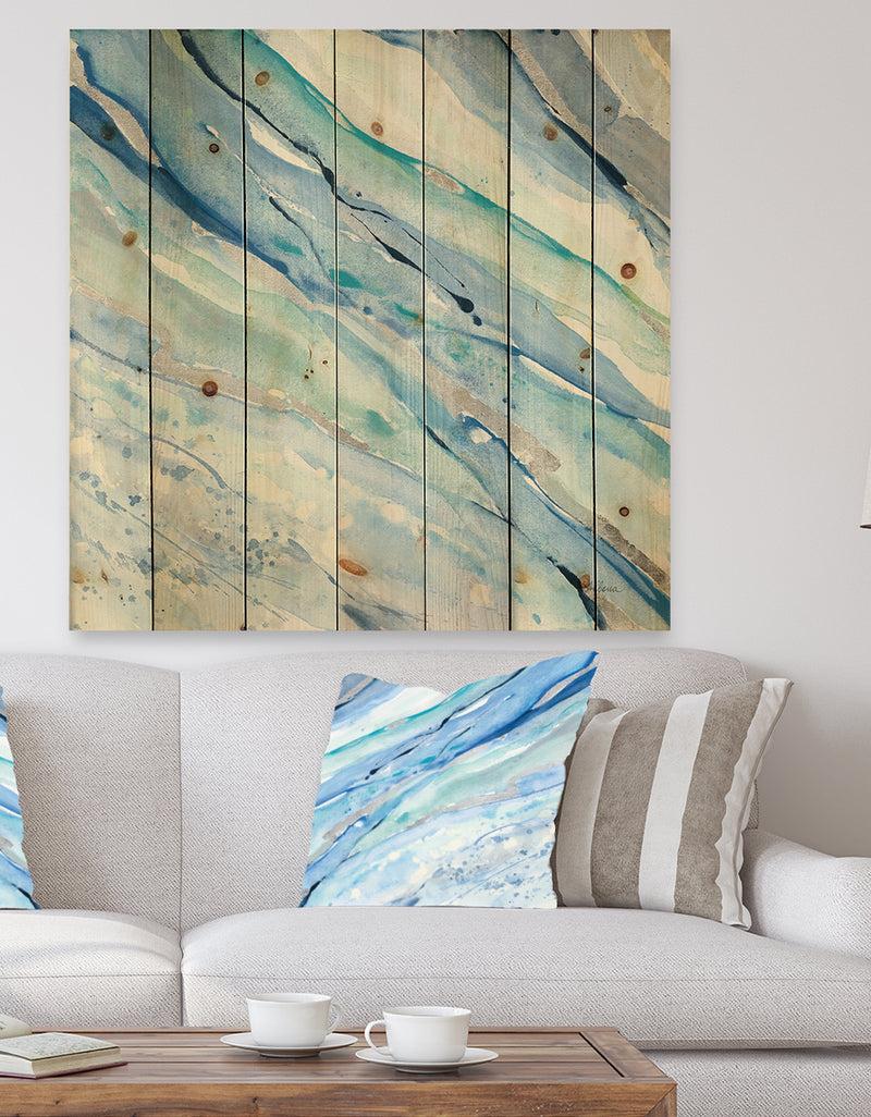 DesignQ Blue Silver Spring I - Modern Lake House Print on Natural Pine Wood