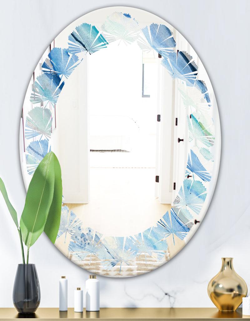 DesignQ Blue Silver Spring I - Modern Round Or Oval Wall Mirror - Leaves