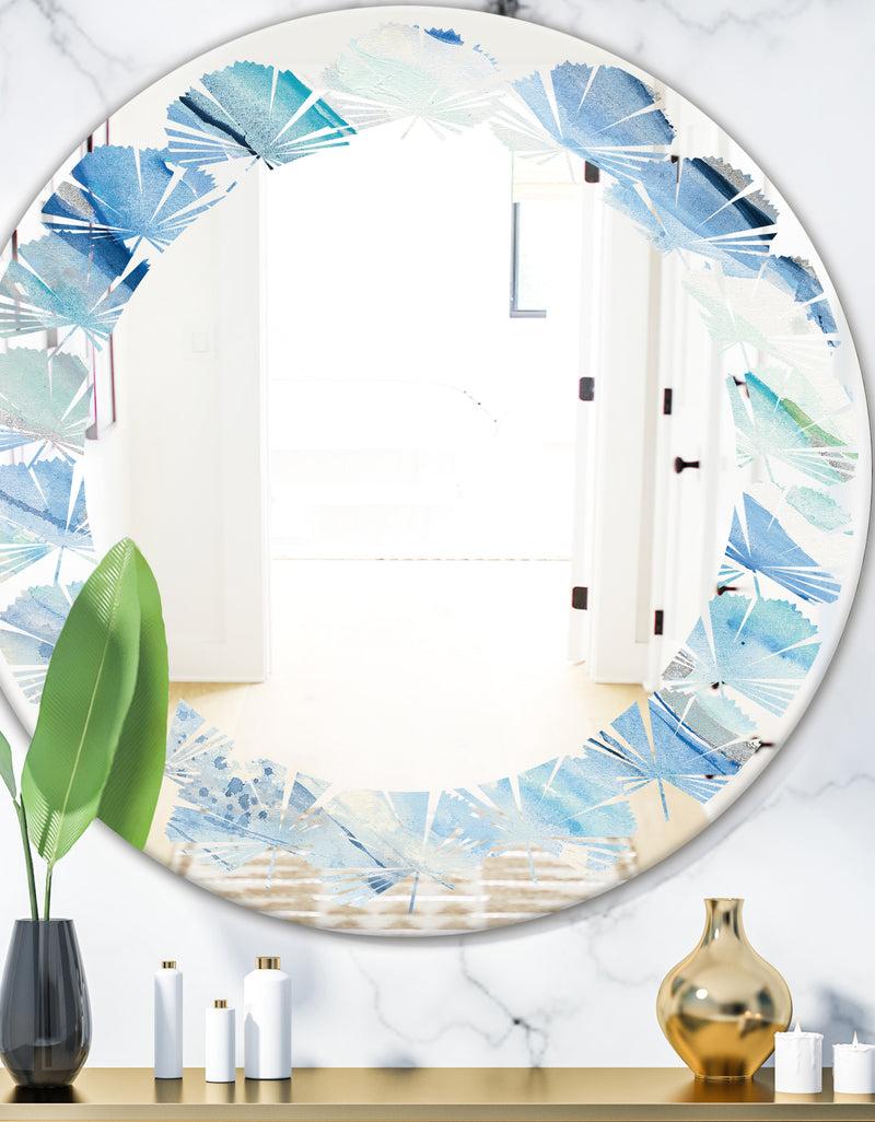 DesignQ Blue Silver Spring I - Modern Round or Oval Wall Mirror - Leaves