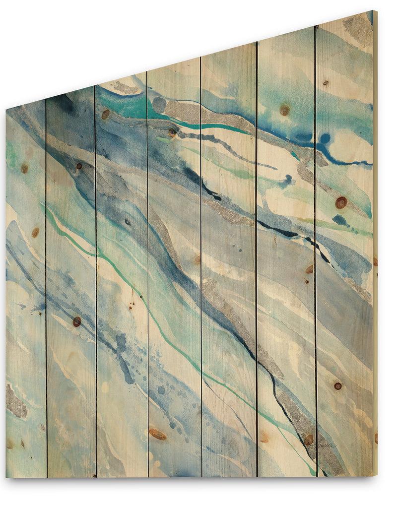 DesignQ Blue Silver Spring II - Modern Lake House Print On Natural Pine Wood