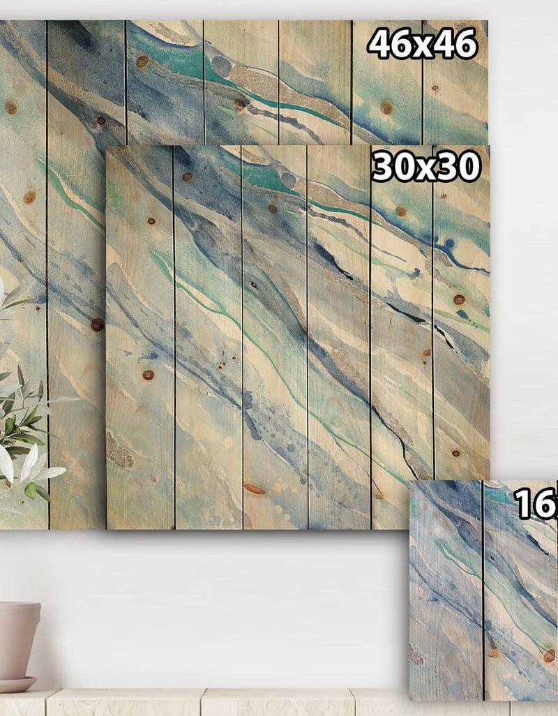 DesignQ Blue Silver Spring II - Modern Lake House Print On Natural Pine Wood