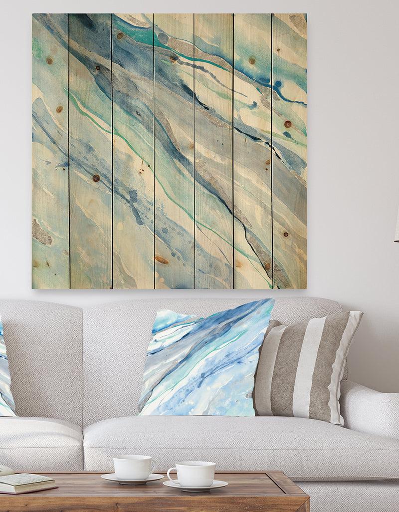 DesignQ Blue Silver Spring II - Modern Lake House Print on Natural Pine Wood