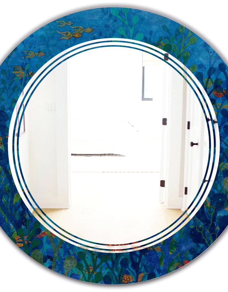 DesignQ Blue Underwater Lake Leaves I - Cottage Round Or Oval Wall Mirror - Triple C