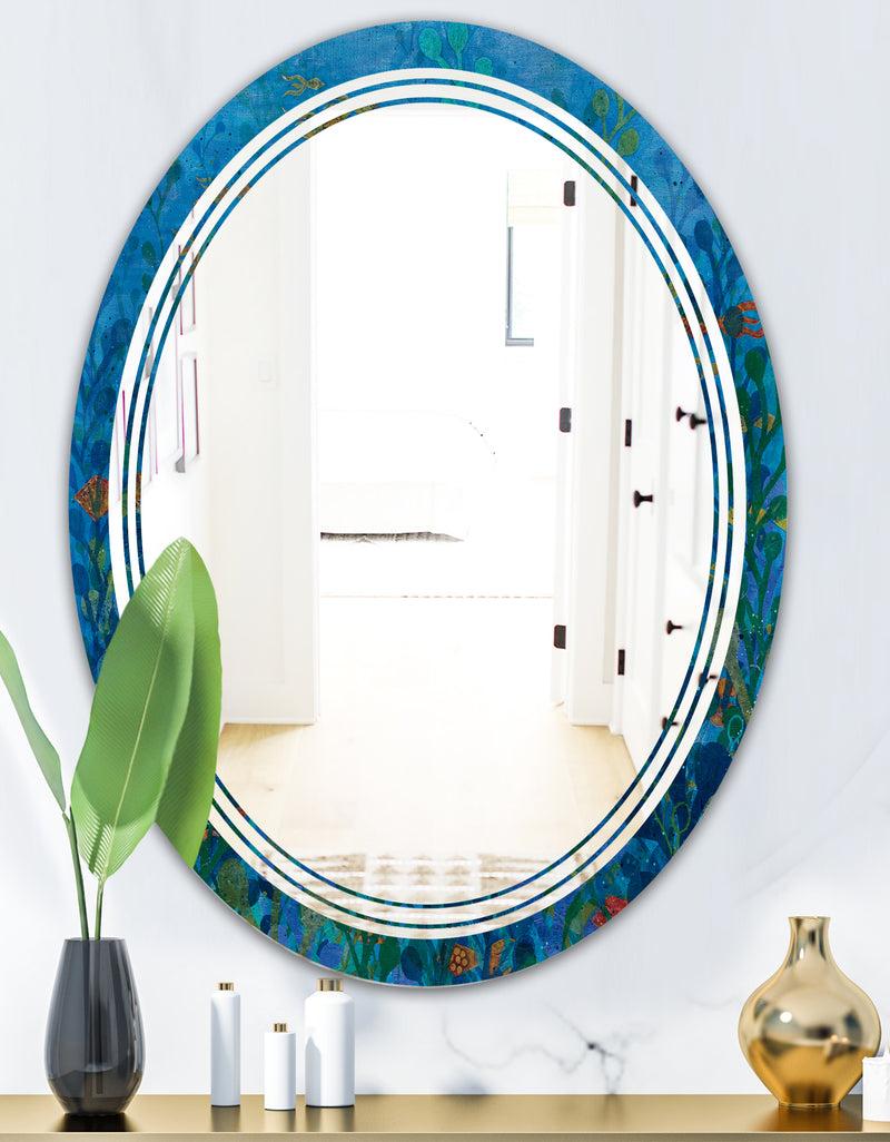 DesignQ Blue Underwater Lake Leaves I - Cottage Round Or Oval Wall Mirror - Triple C