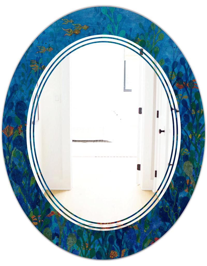 DesignQ Blue Underwater Lake Leaves I - Cottage Round Or Oval Wall Mirror - Triple C