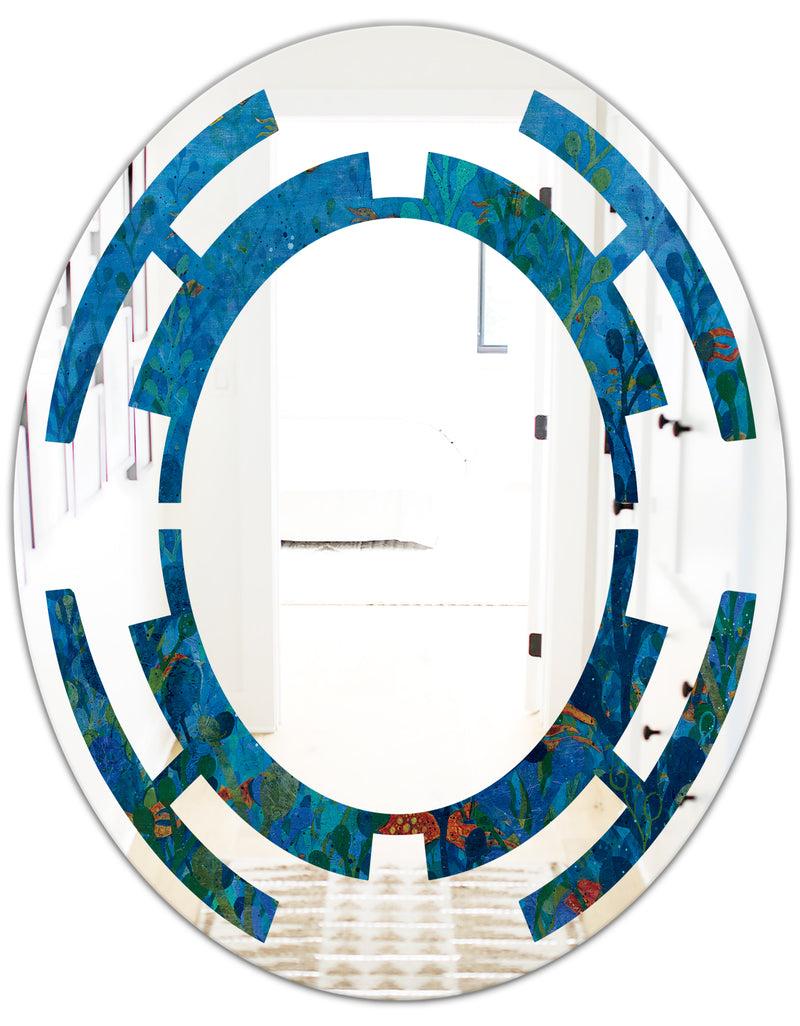 DesignQ Blue Underwater Lake Leaves I - Cottage Round Or Oval Wall Mirror - Space