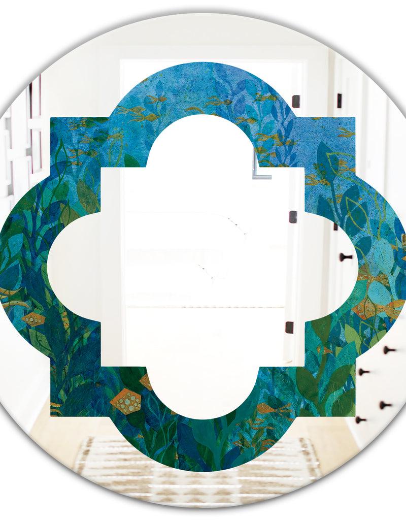 DesignQ Blue Underwater Lake Leaves II - Modern Round Or Oval Wall Mirror - Quatrefoil