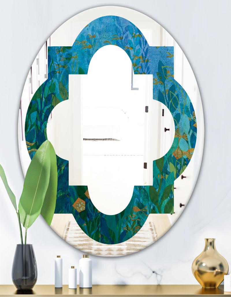 DesignQ Blue Underwater Lake Leaves II - Modern Round Or Oval Wall Mirror - Quatrefoil