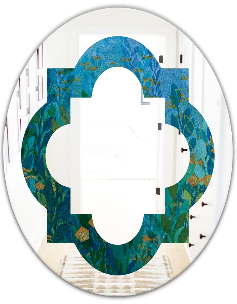 DesignQ Blue Underwater Lake Leaves II - Modern Round Or Oval Wall Mirror - Quatrefoil