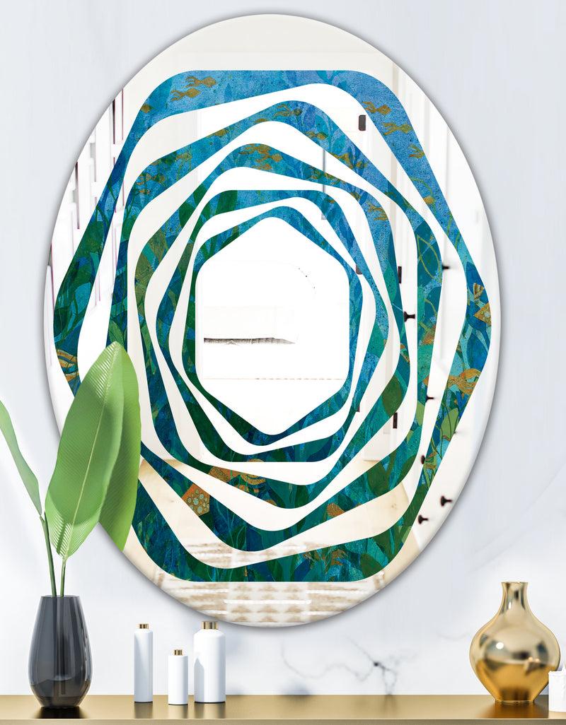 DesignQ Blue Underwater Lake Leaves II - Modern Round Or Oval Wall Mirror - Whirl