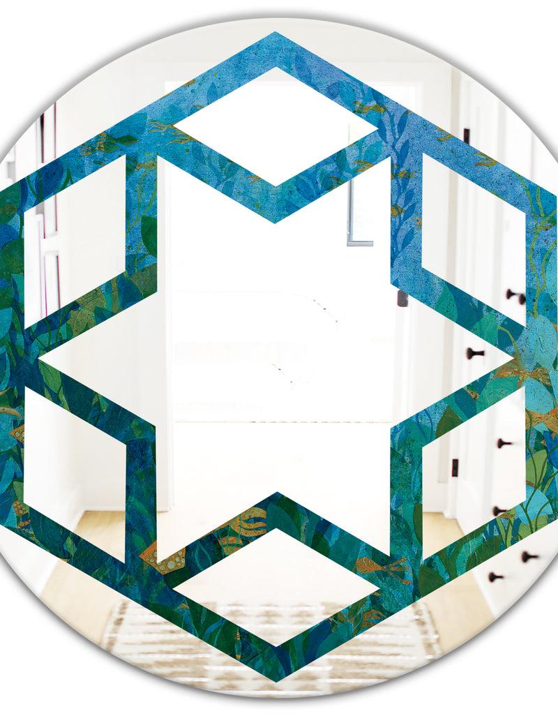 DesignQ Blue Underwater Lake Leaves II - Modern Round Or Oval Wall Mirror - Hexagon Star