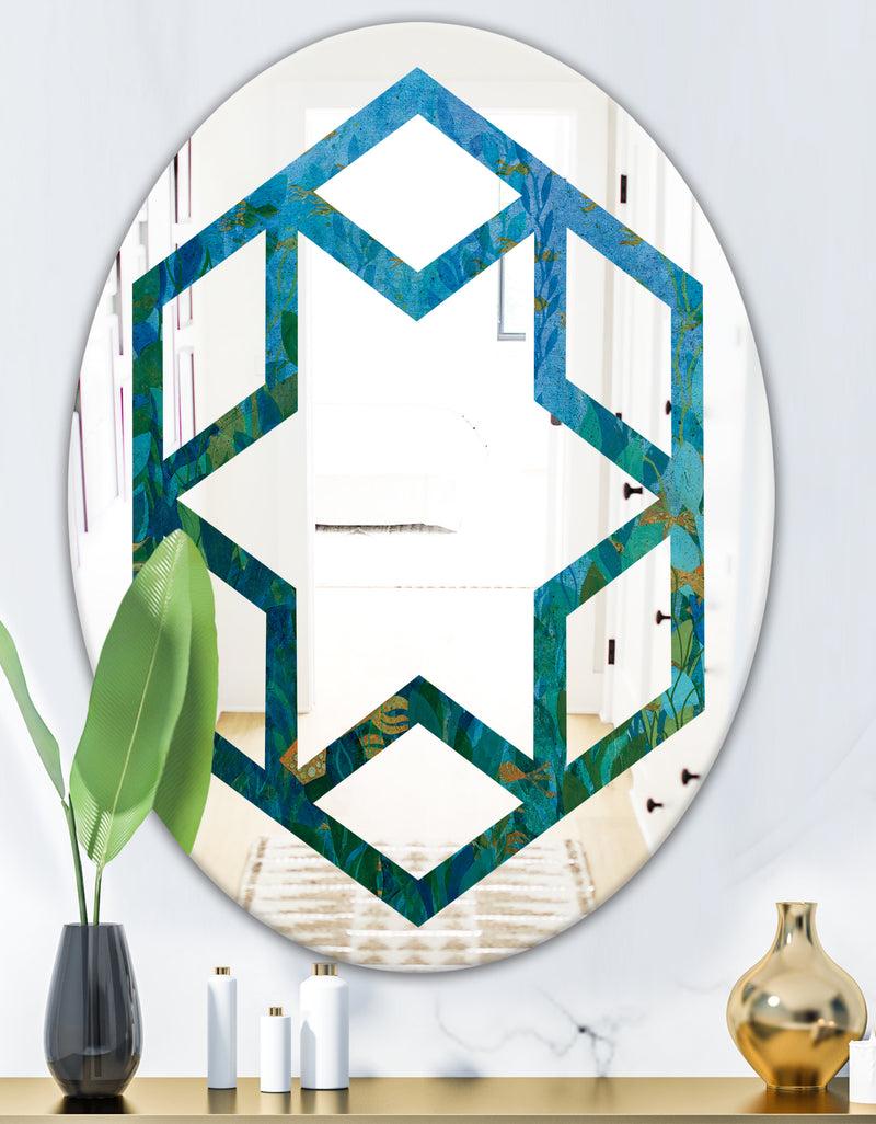DesignQ Blue Underwater Lake Leaves II - Modern Round Or Oval Wall Mirror - Hexagon Star