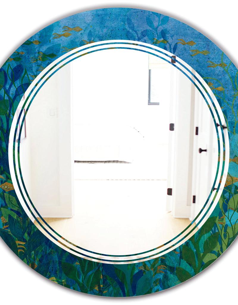 DesignQ Blue Underwater Lake Leaves II - Modern Round Or Oval Wall Mirror - Triple C