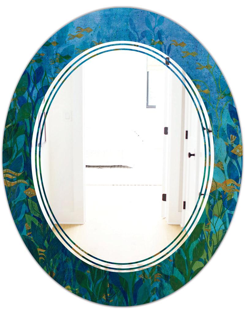 DesignQ Blue Underwater Lake Leaves II - Modern Round Or Oval Wall Mirror - Triple C