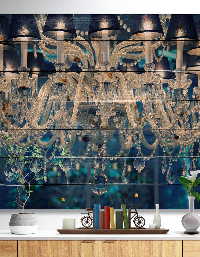 DesignQ Blue Vintage Crystal Chandelier - Modern Print on Natural Pine Wood