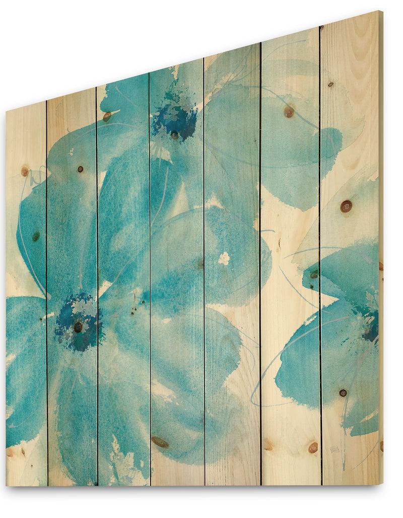 DesignQ Blue Watercolor Flowers - Farmhouse Print On Natural Pine Wood