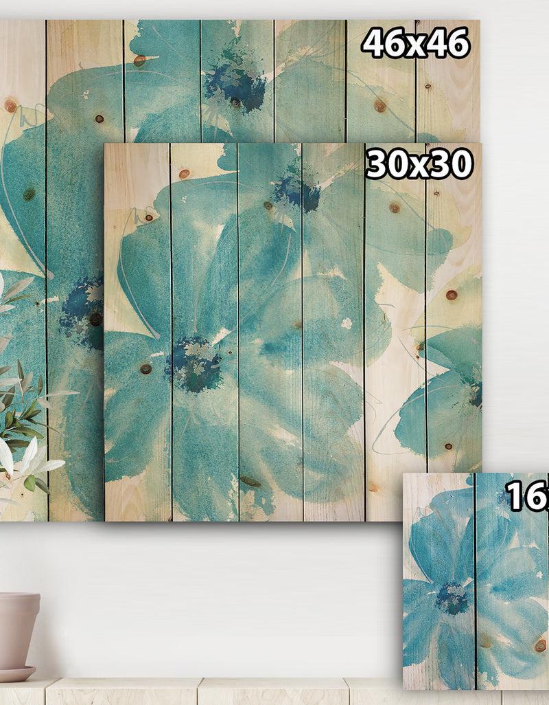 DesignQ Blue Watercolor Flowers - Farmhouse Print On Natural Pine Wood