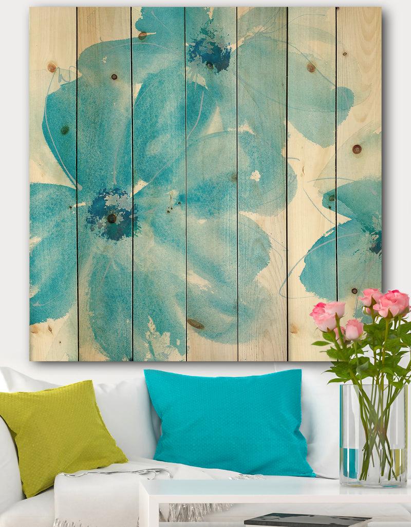 DesignQ Blue Watercolor Flowers - Farmhouse Print on Natural Pine Wood