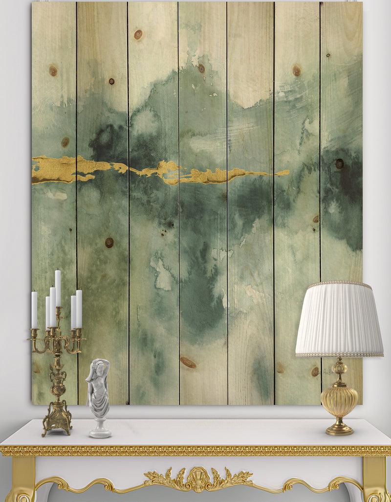 DesignQ Blue Watercolor Impression with Gold - Traditional Print on Natural Pine Wood