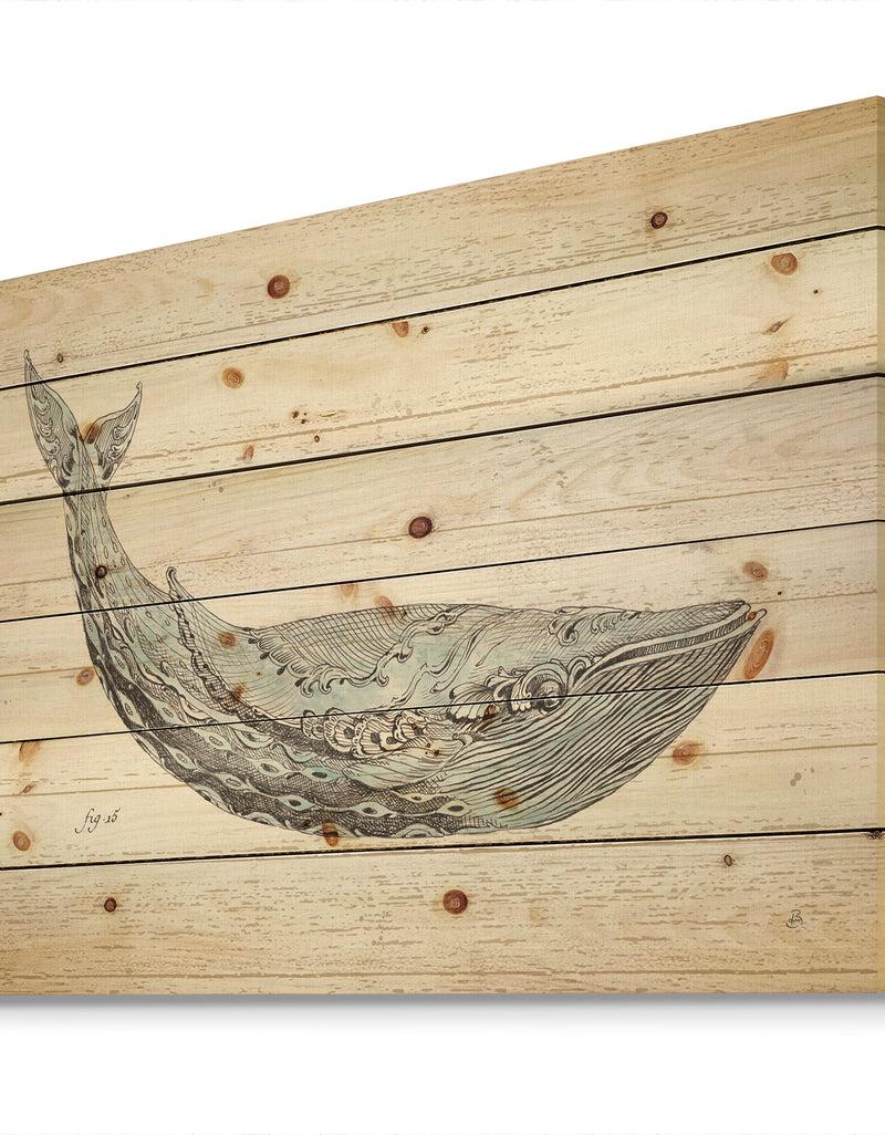 DesignQ Blue Whale Watercolor - Nautical & Coastal Print On Natural Pine Wood