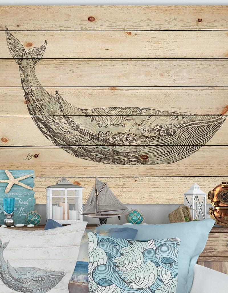 DesignQ Blue Whale Watercolor - Nautical & Coastal Print on Natural Pine Wood