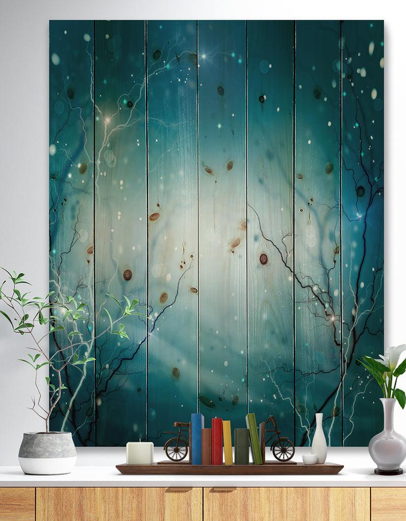 DesignQ Blue Winter Fantasy Forest - Landscape Photo Print on Natural Pine Wood