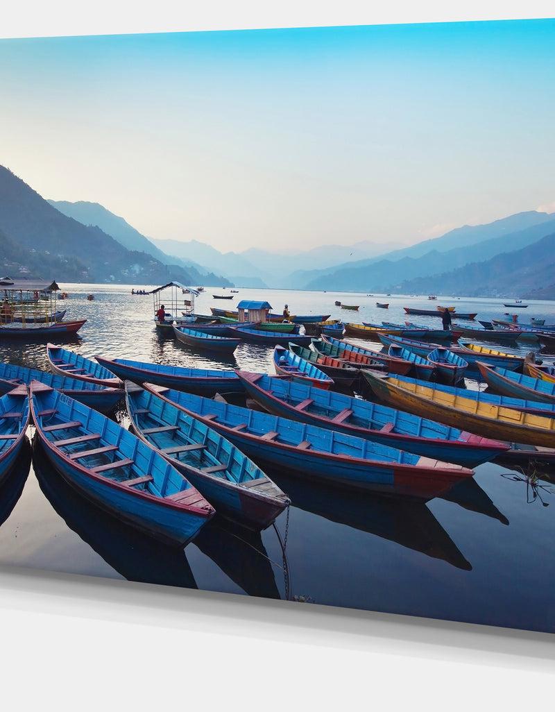 DesignQ Blue Wooden Boats In Lake - Boat Canvas Artwork