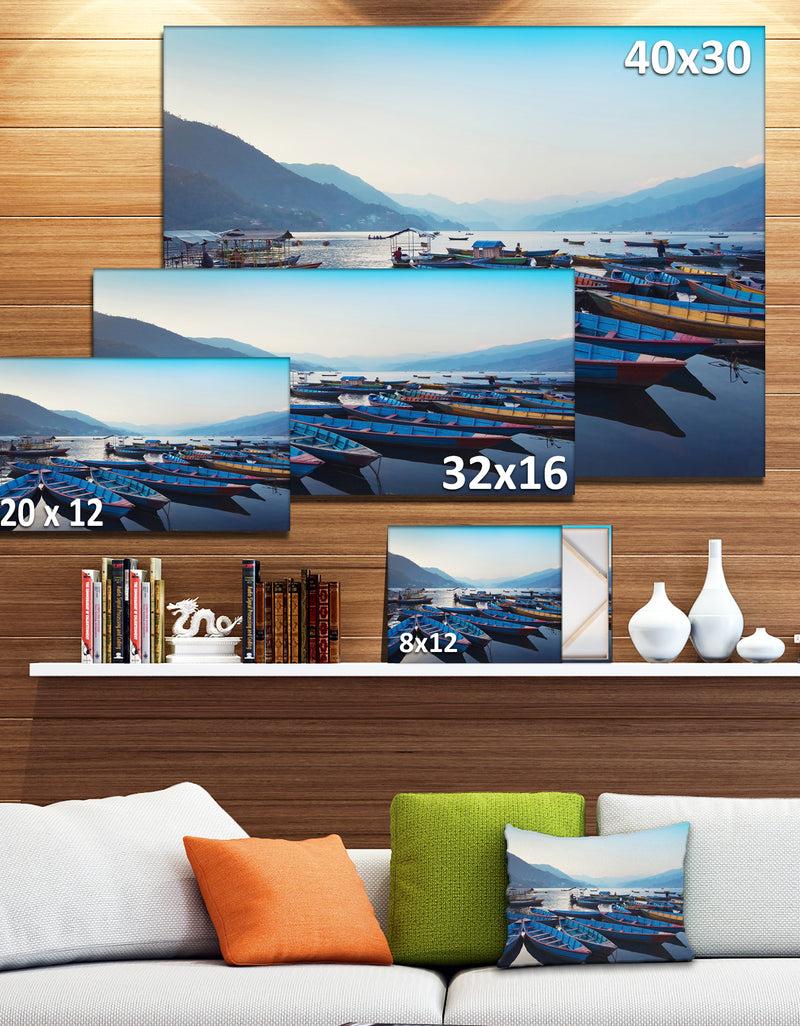 DesignQ Blue Wooden Boats In Lake - Boat Canvas Artwork