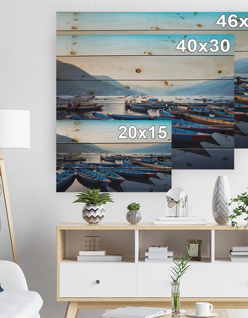 DesignQ Blue Wooden Boats In Lake - Boat Print On Natural Pine Wood