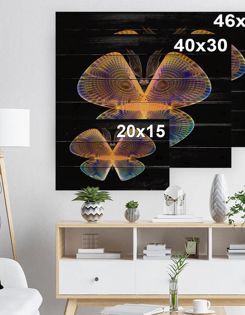 DesignQ Blue Yellow Fractal Butterfly In Dark - Abstract Print On Natural Pine Wood