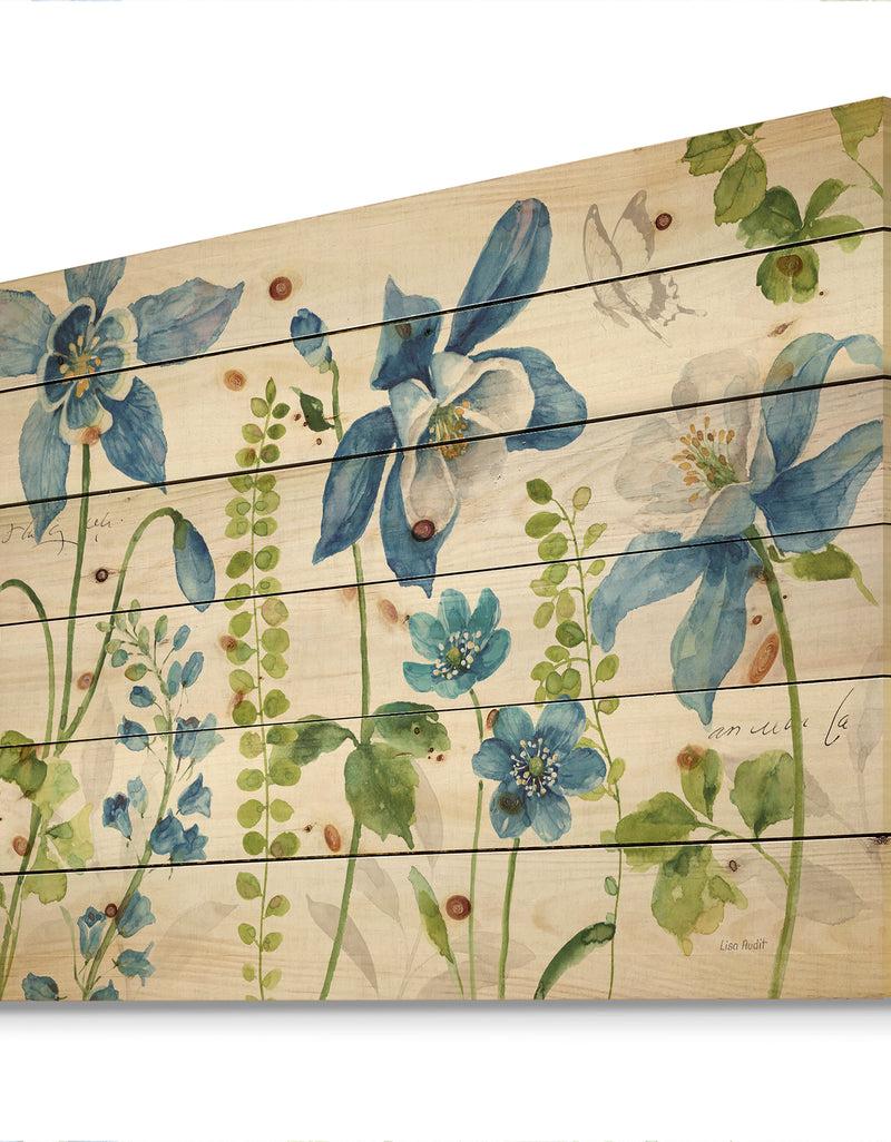 DesignQ Bluebell And Columbine Wild Flowers With Butterfly - Cabin & Lodge Print On Natural Pine Wood