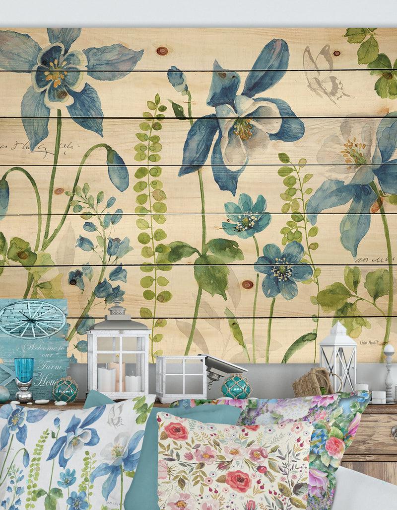DesignQ Bluebell and Columbine Wild Flowers with Butterfly - Cabin & Lodge Print on Natural Pine Wood