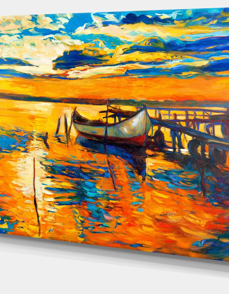 DesignQ Boat And Jetty At Sunset - Landscape Canvas Artwork