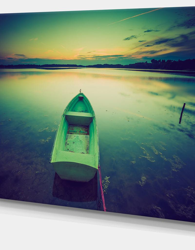 DesignQ Boat At Sunset In Vintage Lake - Boat Canvas Artwork