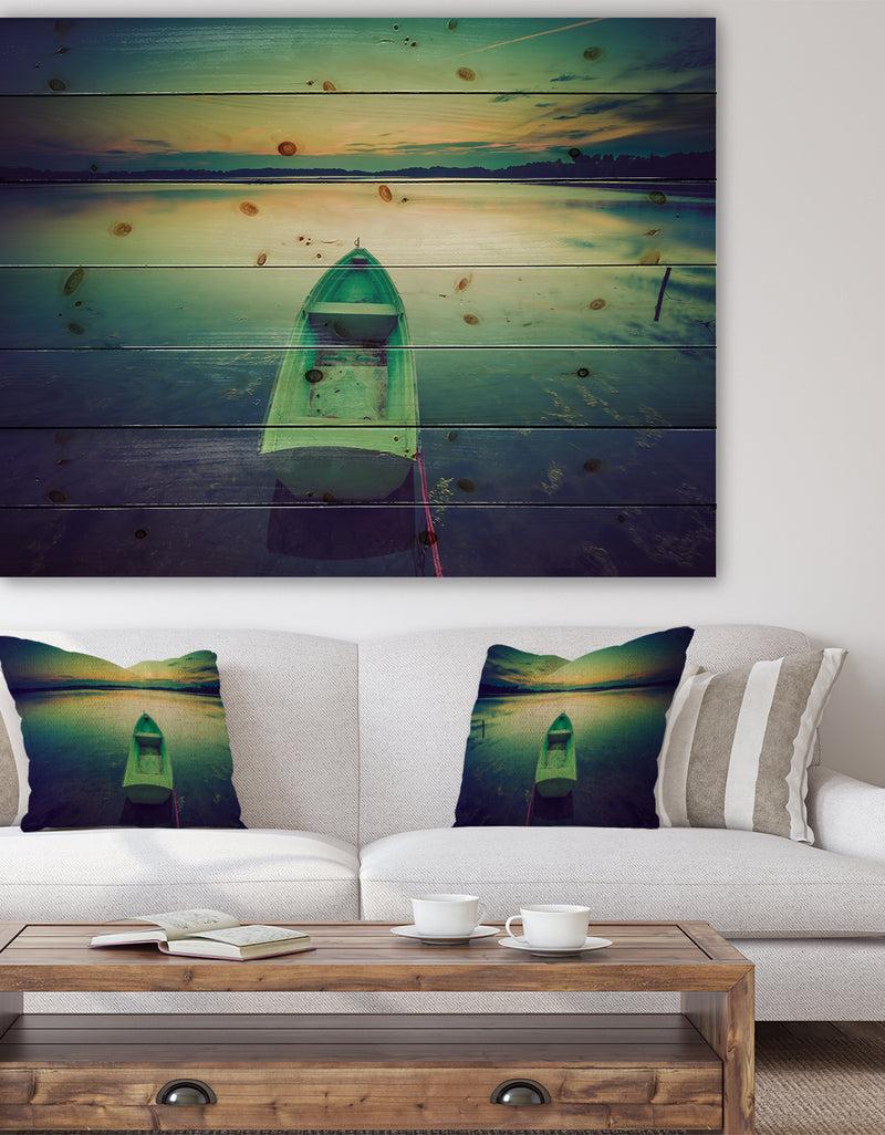 DesignQ Boat at Sunset in Vintage Lake - Boat Print on Natural Pine Wood